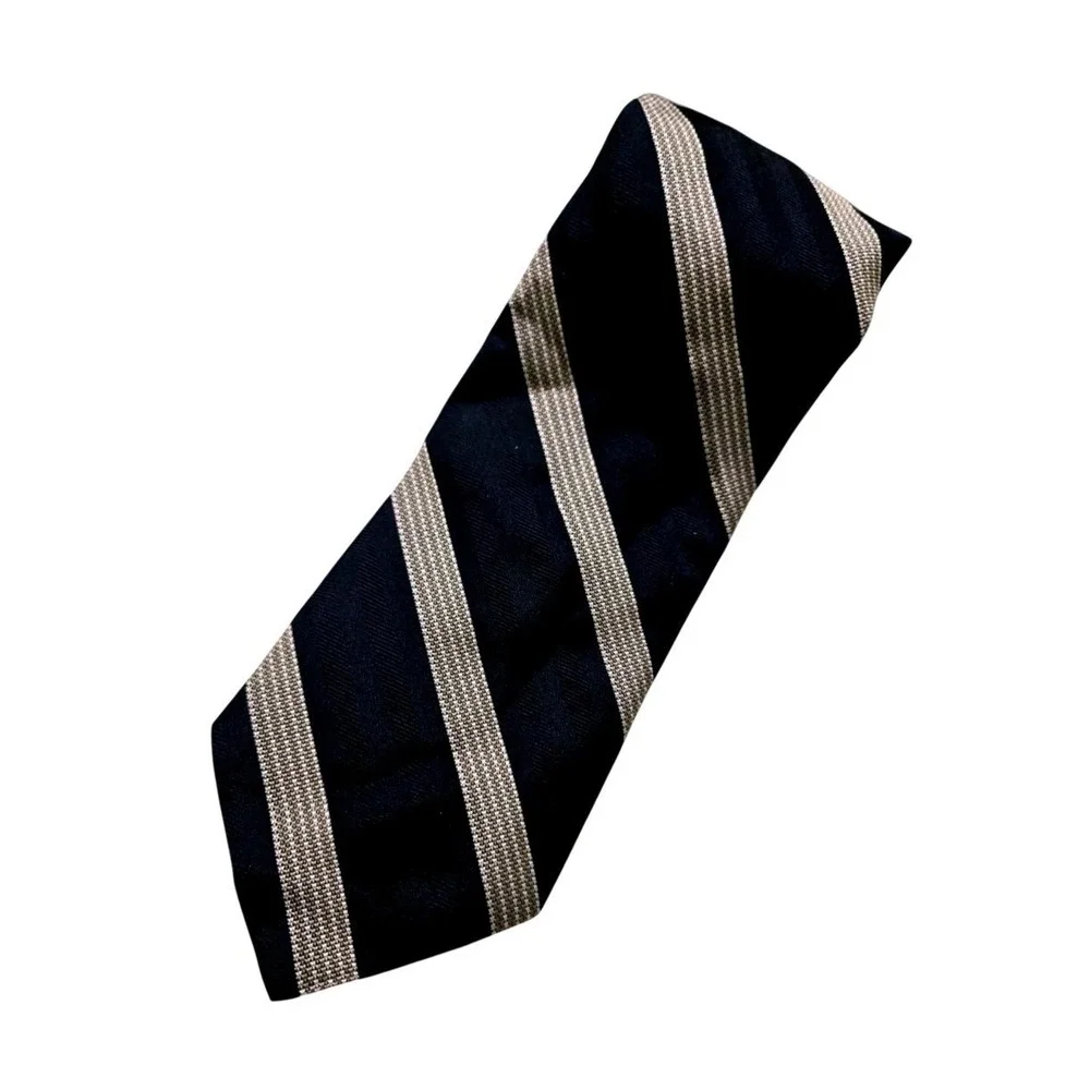 Ferrell Reed‎ Mens Silk Tie Navy Blue Silver Gold Striped Hand Tailored USA Made